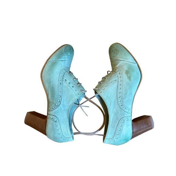 Sundance Catalog Teal Green Oxford Shoes Heels Menswear Look Distressed Laced Si - Picture 7 of 10
